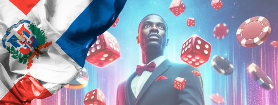 Casino en línea en República Dominicana con crupier elegante, dados y fichas de juego flotando en el aire.